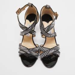 Pre Owned Jimmy Choo Black/Cream Patent Striped Sandals Size 40