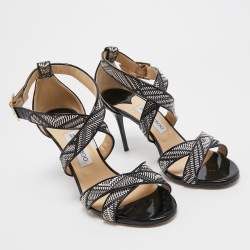 Pre Owned Jimmy Choo Black/Cream Patent Striped Sandals Size 40