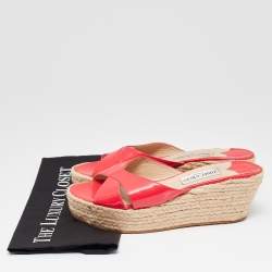 Pre Owned Jimmy Choo Pink Patent Leather Prima Espadrille Wedge Slide Sandals Size 41