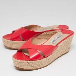 Pre Owned Jimmy Choo Pink Patent Leather Prima Espadrille Wedge Slide Sandals Size 41