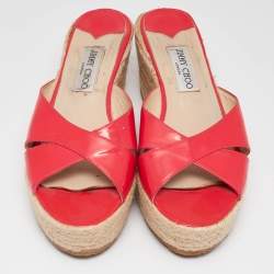 Pre Owned Jimmy Choo Pink Patent Leather Prima Espadrille Wedge Slide Sandals Size 41