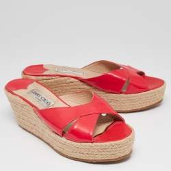 Pre Owned Jimmy Choo Pink Patent Leather Prima Espadrille Wedge Slide Sandals Size 41