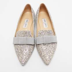 Pre Owned Jimmy Choo Silver Glitter Gala Ballet Flats Size 39