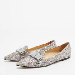 Pre Owned Jimmy Choo Silver Glitter Gala Ballet Flats Size 39