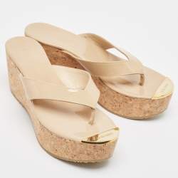 Pre Owned Jimmy Choo Beige Patent Leather Pathos Thong Cork Wedge Slides Size 37.5