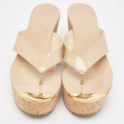 Pre Owned Jimmy Choo Beige Patent Leather Pathos Thong Cork Wedge Slides Size 37.5