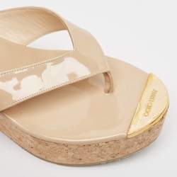 Pre Owned Jimmy Choo Beige Patent Leather Pathos Thong Cork Wedge Slides Size 37.5