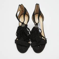 Jimmy Choo Black Suede Viola Tassel Fringe Sandals Size 35