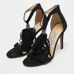 Jimmy Choo Black Suede Viola Tassel Fringe Sandals Size 35