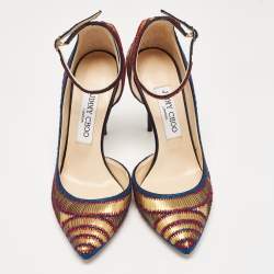 Pre Owned Jimmy Choo Gold/Blue Knit Fabric and Leather Lucy Pumps Size 37