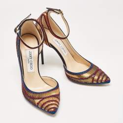 Pre Owned Jimmy Choo Gold/Blue Knit Fabric and Leather Lucy Pumps Size 37