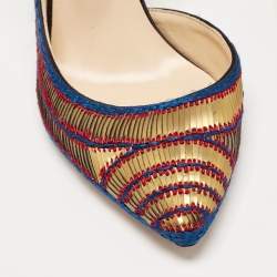 Pre Owned Jimmy Choo Gold/Blue Knit Fabric and Leather Lucy Pumps Size 37