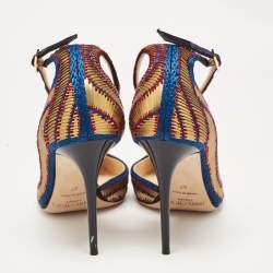 Pre Owned Jimmy Choo Gold/Blue Knit Fabric and Leather Lucy Pumps Size 37