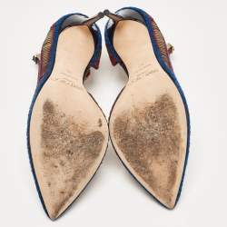 Pre Owned Jimmy Choo Gold/Blue Knit Fabric and Leather Lucy Pumps Size 37