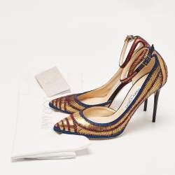 Pre Owned Jimmy Choo Gold/Blue Knit Fabric and Leather Lucy Pumps Size 37