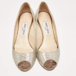 مملوكة مسبقًا Jimmy Choo Gold/Silver Glitter and Leather Isabel Peep Toe Pumps Size 38.5