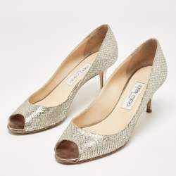 مملوكة مسبقًا Jimmy Choo Gold/Silver Glitter and Leather Isabel Peep Toe Pumps Size 38.5