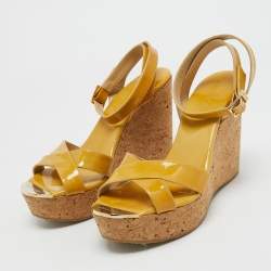 Jimmy Choo Yellow Patent Leather Cork Wedge Ankle Strap Sandals Size 39.5