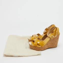 Jimmy Choo Yellow Patent Leather Cork Wedge Ankle Strap Sandals Size 39.5