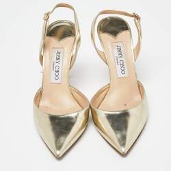 Pre Owned Jimmy Choo Gold Mirror Leather Pointed Toe Slingback Sandals Size 38.5