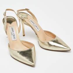 Pre Owned Jimmy Choo Gold Mirror Leather Pointed Toe Slingback Sandals Size 38.5