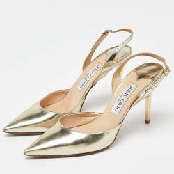 Pre Owned Jimmy Choo Gold Mirror Leather Pointed Toe Slingback Sandals Size 38.5