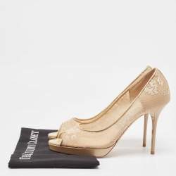 Jimmy Choo Beige Lace and Patent Leather Luna Peep Toe Pumps Size 39