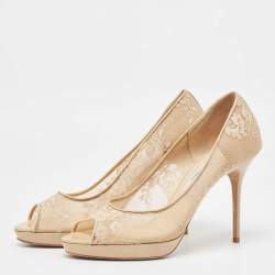 Jimmy Choo Beige Lace and Patent Leather Luna Peep Toe Pumps Size 39