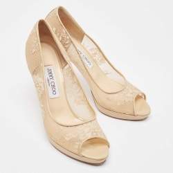 Jimmy Choo Beige Lace and Patent Leather Luna Peep Toe Pumps Size 39