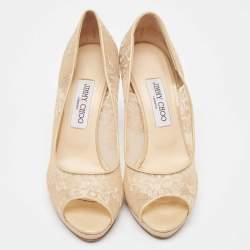 Jimmy Choo Beige Lace and Patent Leather Luna Peep Toe Pumps Size 39