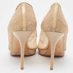 Jimmy Choo Beige Lace and Patent Leather Luna Peep Toe Pumps Size 39