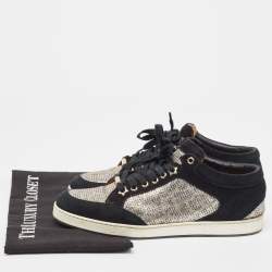 Pre Owned Jimmy Choo Sliver/Black Suede and Glitter Miami Sneakers Size 39