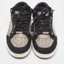 Pre Owned Jimmy Choo Sliver/Black Suede and Glitter Miami Sneakers Size 39