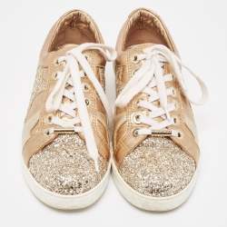 Pre Owned Jimmy Choo Metallic Leather and Glitter Low Top Sneakers Size 39
