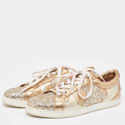 Pre Owned Jimmy Choo Metallic Leather and Glitter Low Top Sneakers Size 39