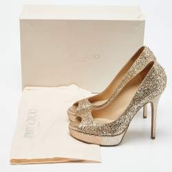 Pre Owned Jimmy Choo Gold Glitter Dahlia Platform Peep Toe Pumps Size 38