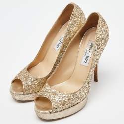 Pre Owned Jimmy Choo Gold Glitter Dahlia Platform Peep Toe Pumps Size 38