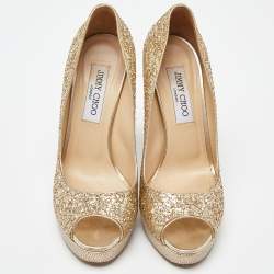 Pre Owned Jimmy Choo Gold Glitter Dahlia Platform Peep Toe Pumps Size 38