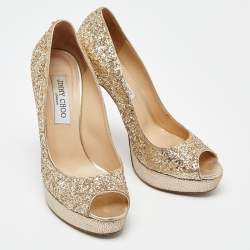 Pre Owned Jimmy Choo Gold Glitter Dahlia Platform Peep Toe Pumps Size 38