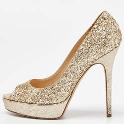 Pre Owned Jimmy Choo Gold Glitter Dahlia Platform Peep Toe Pumps Size 38