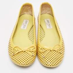 Pre Owned Jimmy Choo Yellow Perforated Patent Leather Walsh Bow Ballet Flats Size 37