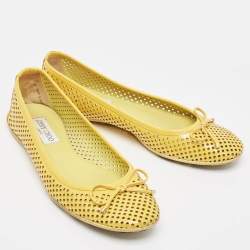 Pre Owned Jimmy Choo Yellow Perforated Patent Leather Walsh Bow Ballet Flats Size 37