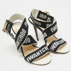 Pre Owned Jimmy Choo White/Black Web Bailey Logo Ankle Strap Sandals Size 37