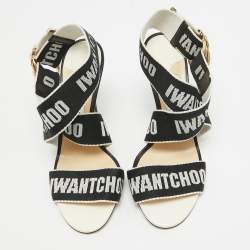 Pre Owned Jimmy Choo White/Black Web Bailey Logo Ankle Strap Sandals Size 37