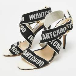 Pre Owned Jimmy Choo White/Black Web Bailey Logo Ankle Strap Sandals Size 37