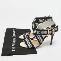 Pre Owned Jimmy Choo White/Black Web Bailey Logo Ankle Strap Sandals Size 37