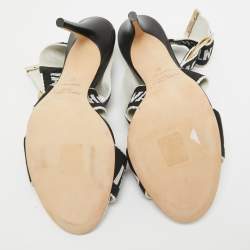 Pre Owned Jimmy Choo White/Black Web Bailey Logo Ankle Strap Sandals Size 37