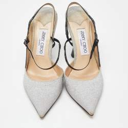 Pre Owned Jimmy Choo Silver Glitter Slingback Pumps Size 37.5
