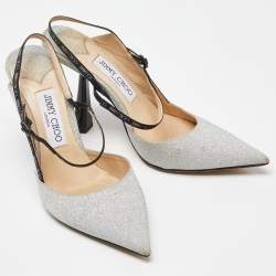 Pre Owned Jimmy Choo Silver Glitter Slingback Pumps Size 37.5