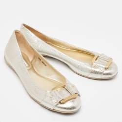 Pre Owned Jimmy Choo Silver Leather Morse Ballet Flats Size 38.5